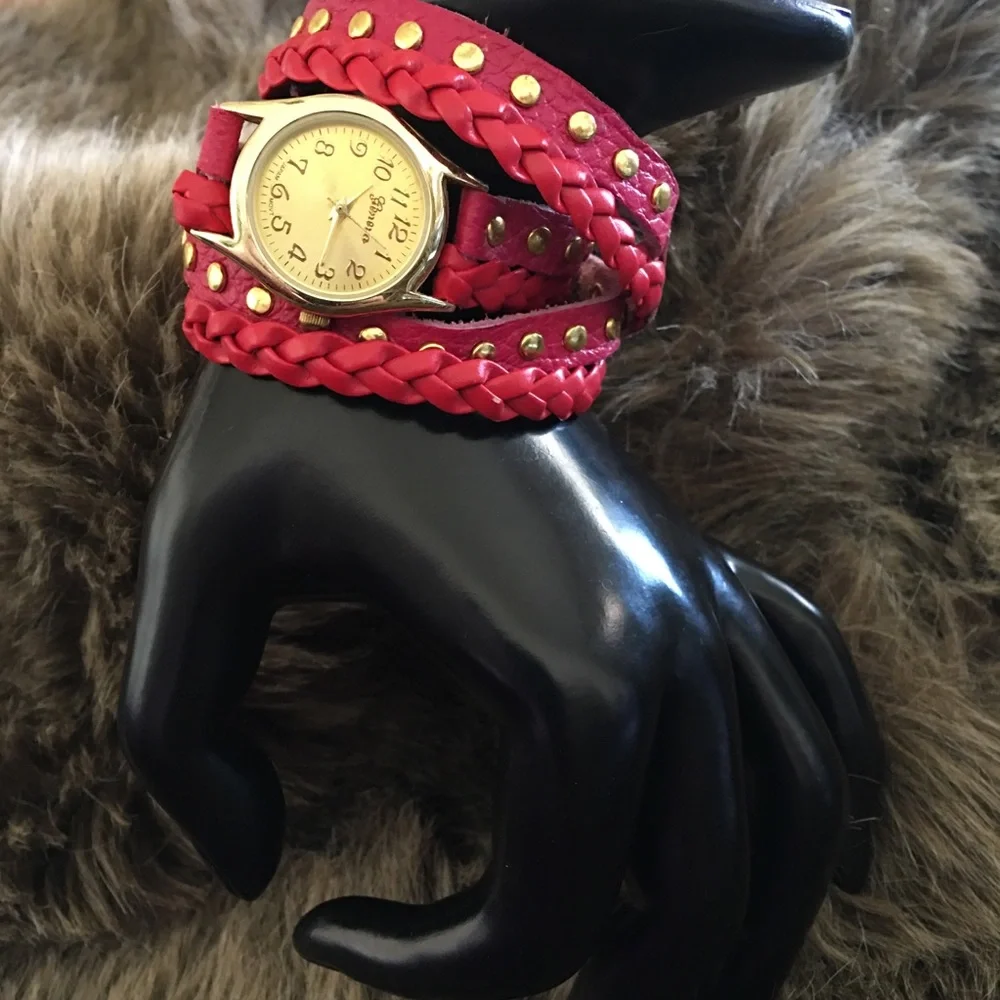 Geneva red braided leather wrap bracelet watch